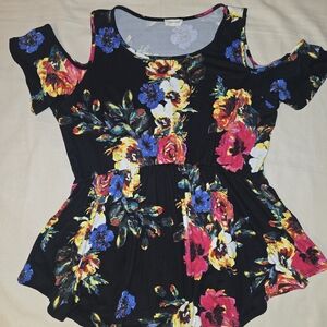 Sweet Love Floral Cold Shoulder Top - Black and Multicolor